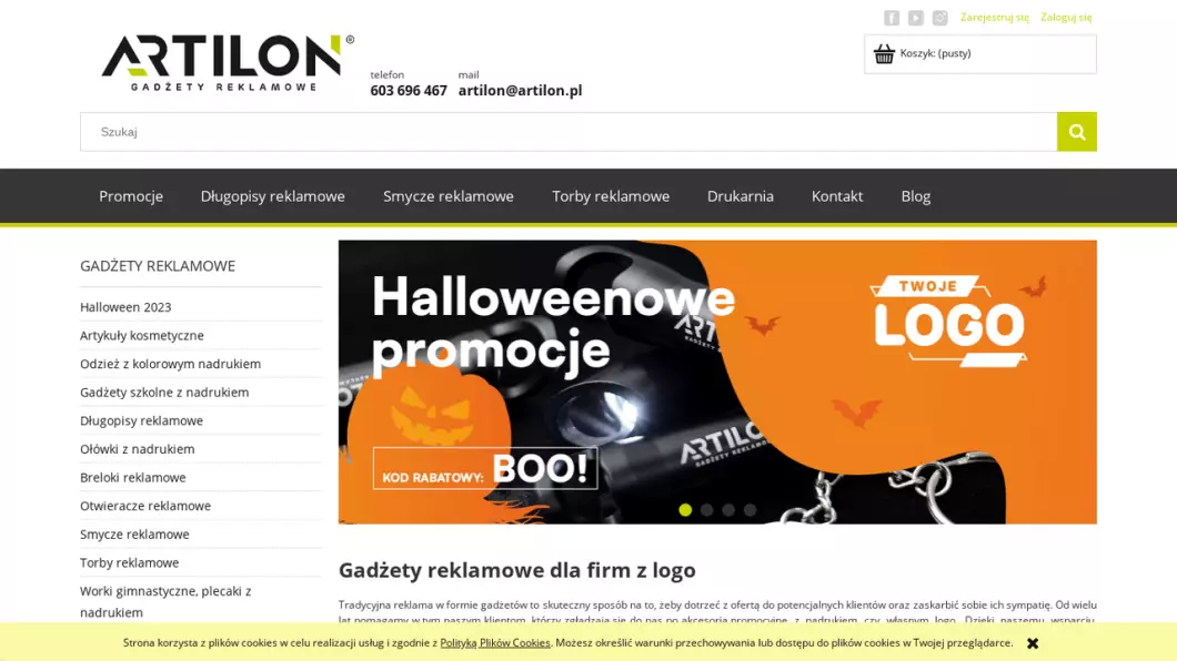 Zrzut ekranu strony firmy Gadżety reklamowe | Sklep internetowy ARTILON