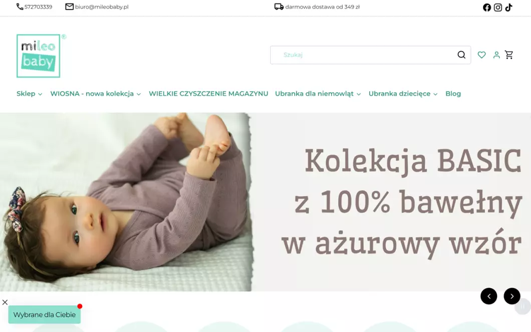 Zrzut ekranu strony firmy Ubranka dla niemowląt - MiLeo Baby