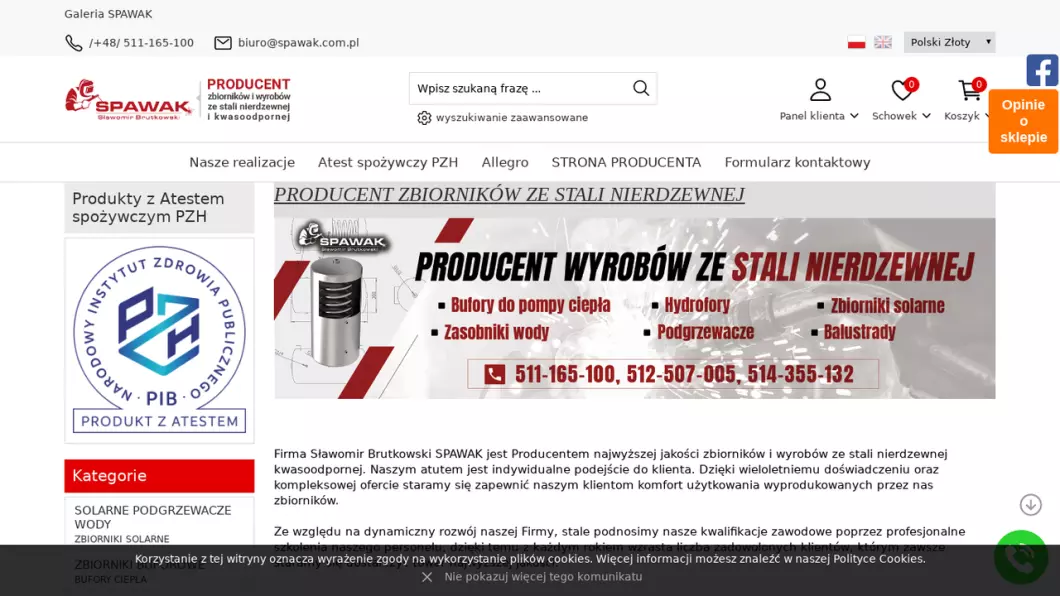 Zrzut ekranu strony firmy Spawak - producent wyrobów ze stali nierdzewnej