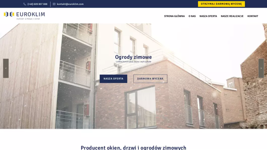 Zrzut ekranu strony firmy Ogrody zimowe producent - Euroklim
