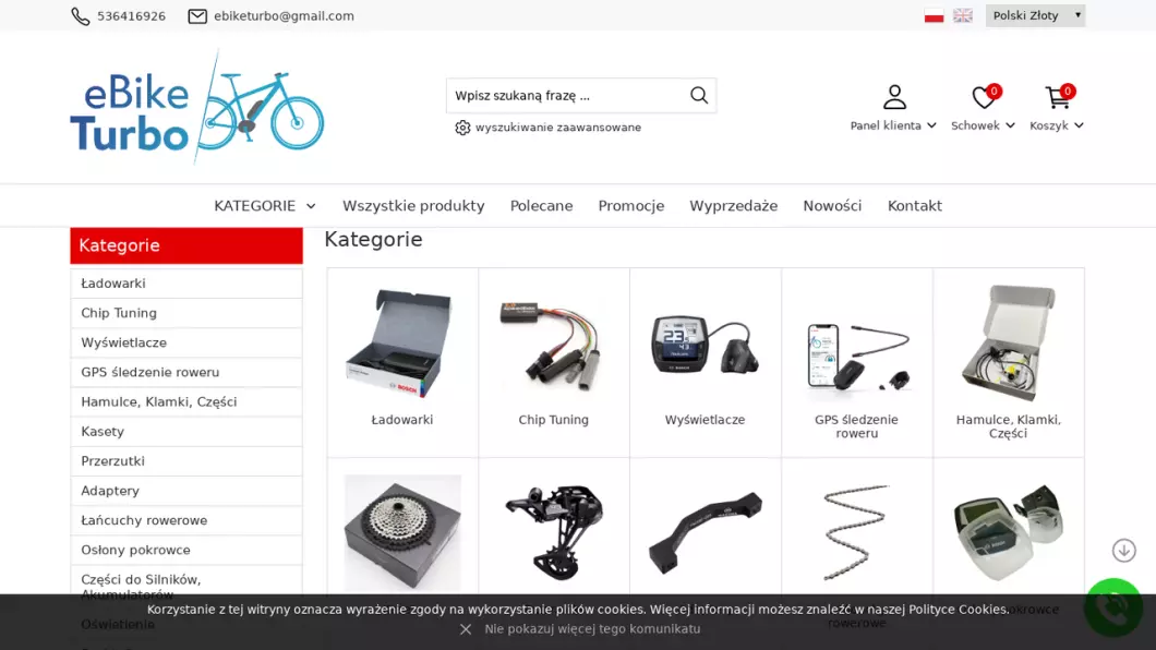 Zrzut ekranu strony firmy Sklep z częściami i akcesoriami rowerowymi Ebiketurbo