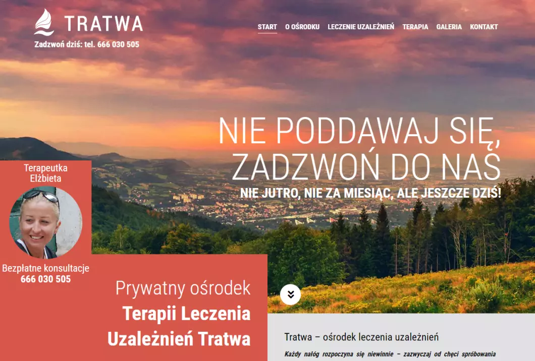 Zrzut ekranu strony firmy Prywatny Ośrodek Terapii Leczenia Uzależnień Tratwa