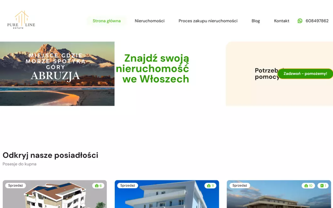 Zrzut ekranu strony firmy Nieruchomości na sprzedaż Włochy | Pureline Estate