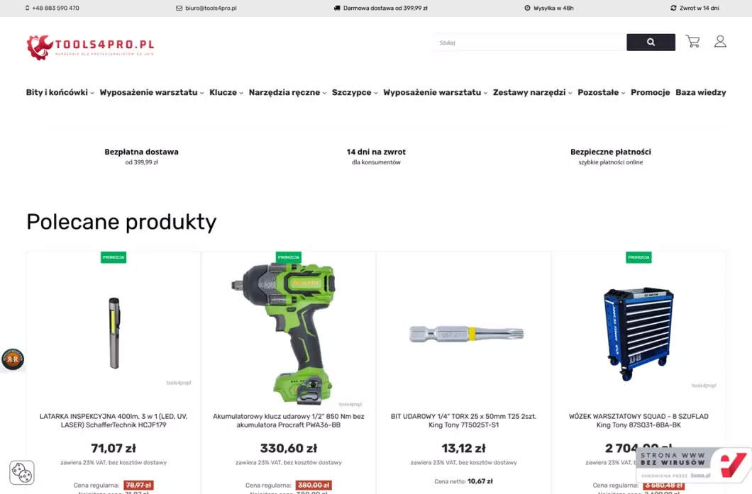 Zrzut ekranu strony firmy Sklep z narzędziami warsztatowymi tools4pro.pl