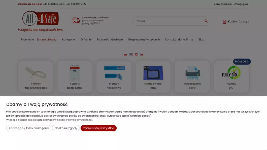 Zrzut ekranu strony firmy Plomby i koperty zabezpieczające | Sklep internetowy All4Safe