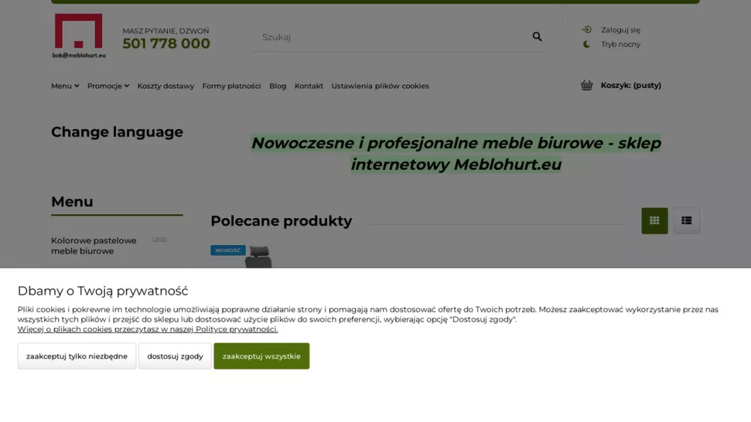 Zrzut ekranu strony firmy Meble biurowe Meblohurt.eu