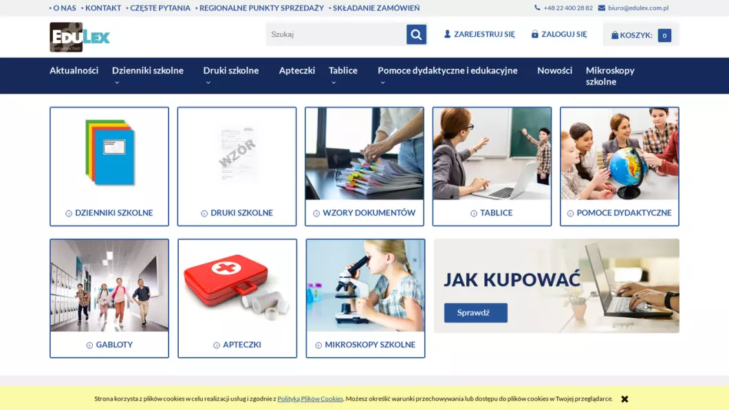 Zrzut ekranu strony firmy Druki, dokumentacje szkolne | Wydawnictwo internetowe Edulex