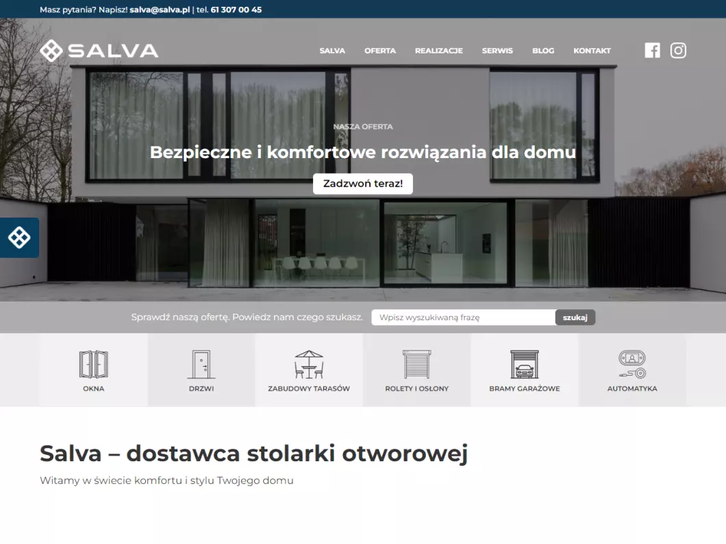 Zrzut ekranu strony firmy Salva - dostawca stolarki otworowej