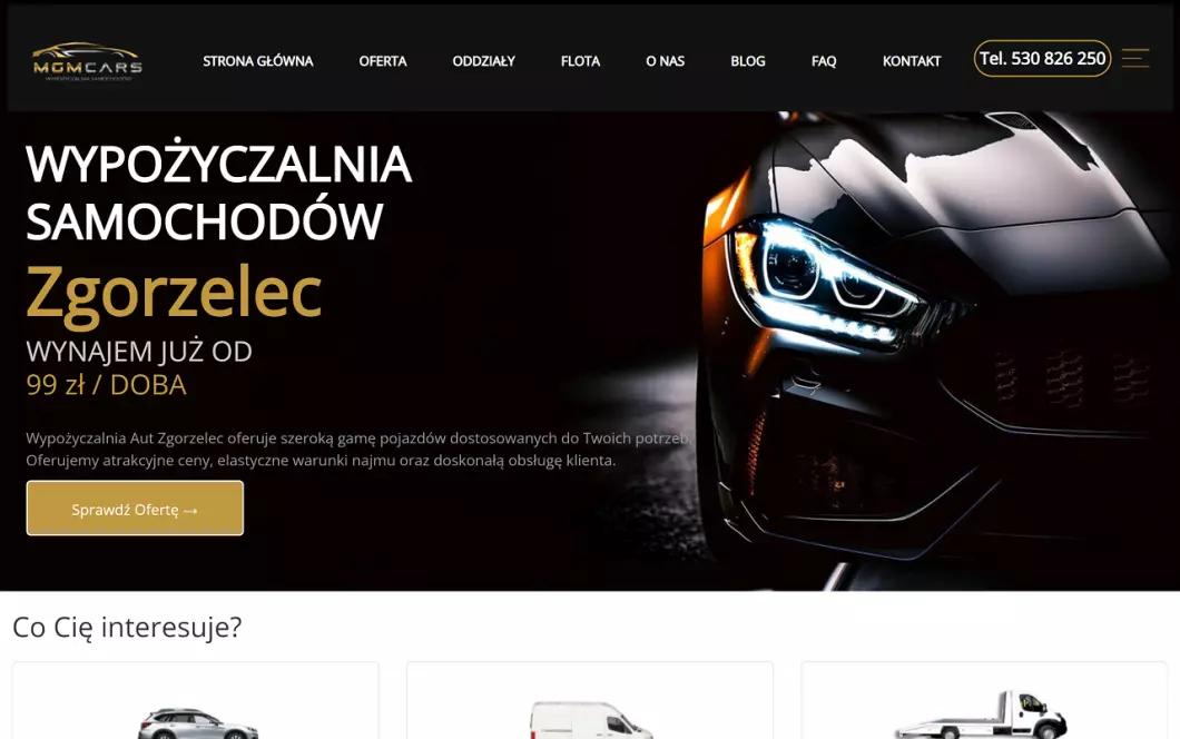 Zrzut ekranu strony firmy MGMcars Wypożyczalnia samochodów Zgorzelec