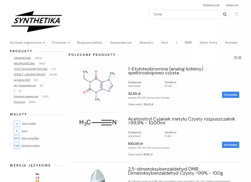 Zrzut ekranu strony firmy SYNTHETIKA
