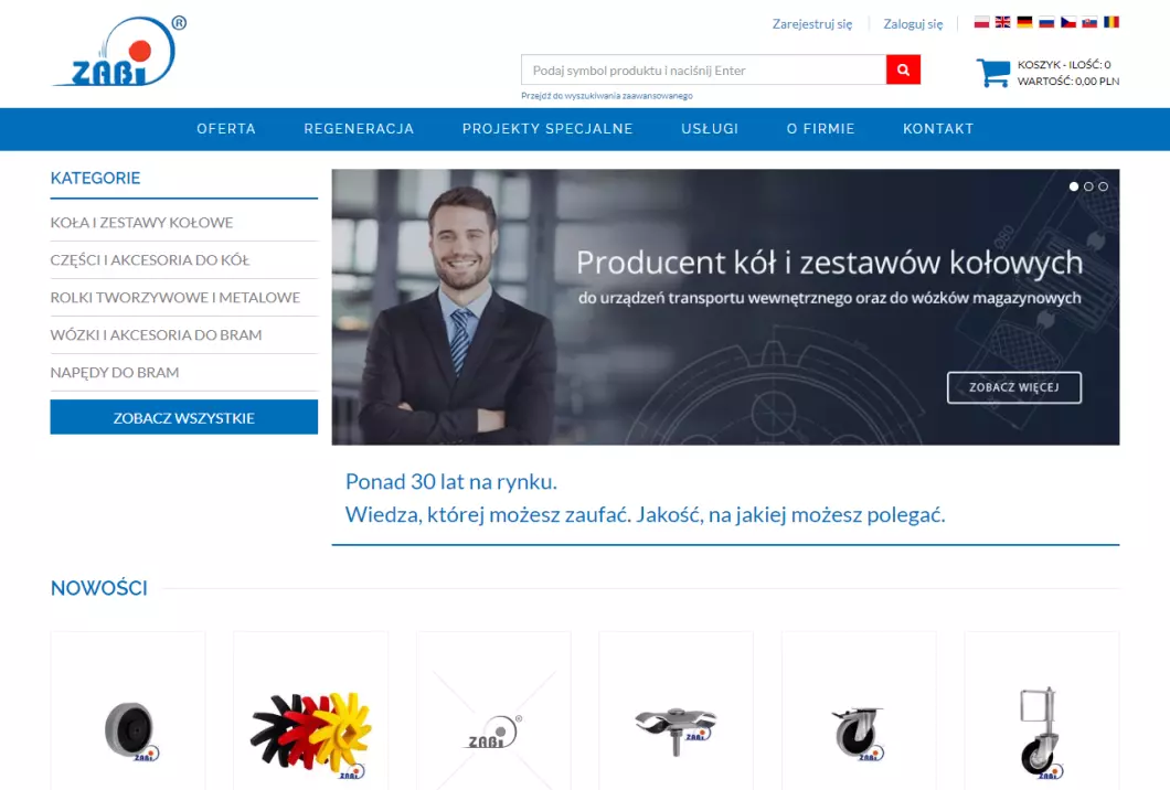 Zrzut ekranu strony firmy Zabi - producent zestawów kołowych