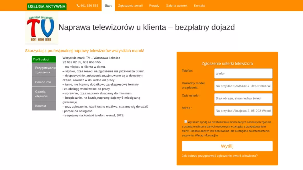 Zrzut ekranu strony firmy NonStop TV Serwis - Naprawa telewizorów Warszawa