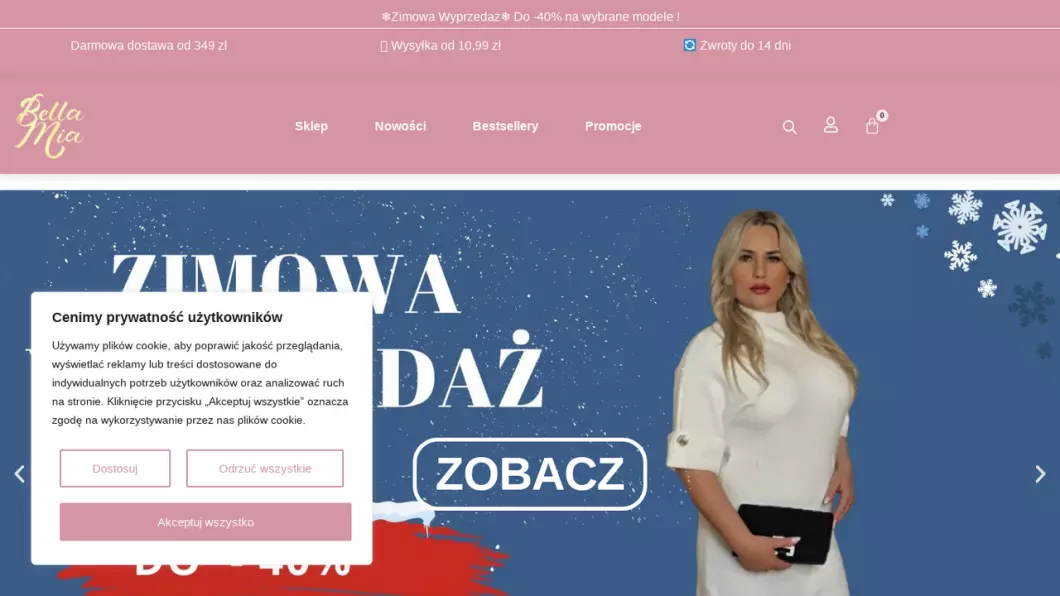 Zrzut ekranu strony firmy Damska odzież, moda włoska | Bella Mia