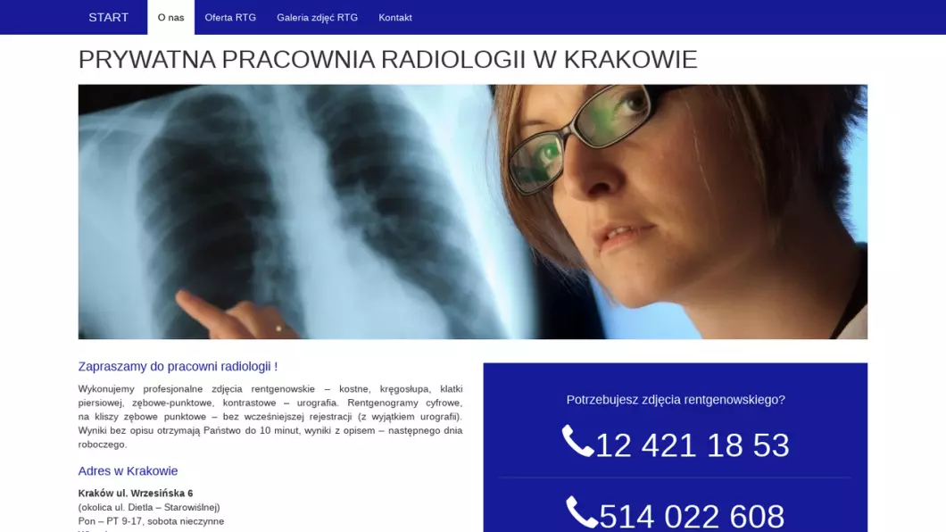 Zrzut ekranu strony firmy Prywatna Pracownia Radiologii - RTG Kraków