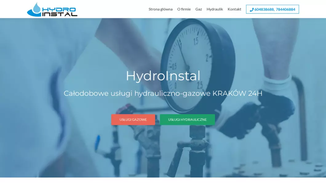 Zrzut ekranu strony firmy HydroInstal - Pogotowie gazowe i hydrauliczne