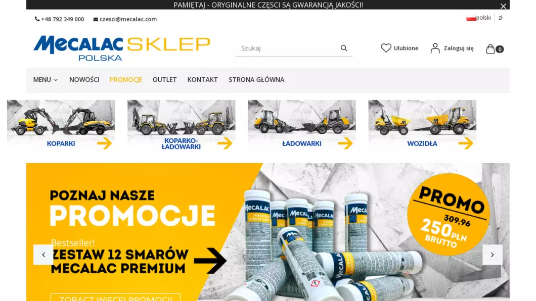 Zrzut ekranu strony firmy Części do koparek, koparko-ładowarek, ładowarek | Sklep internetowy Mecalac