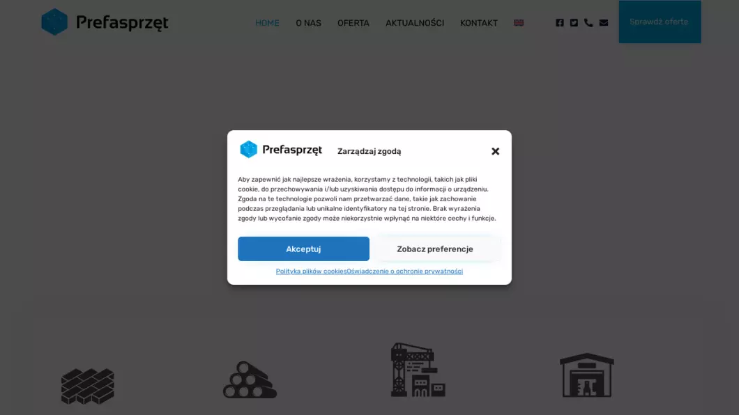 Zrzut ekranu strony firmy Sprzęt do prefabrykacji betonu Prefasprzęt