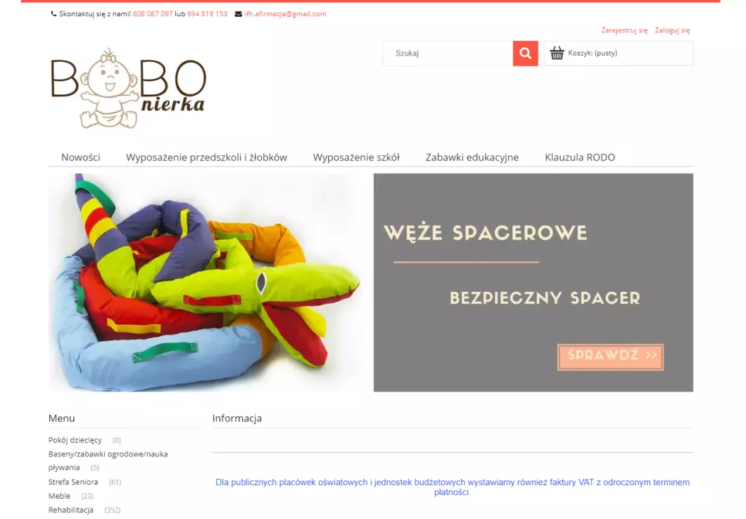 Zrzut ekranu strony firmy Bobonierka - zabawki i wyposażenie szkół, przedszkoli, żłobków