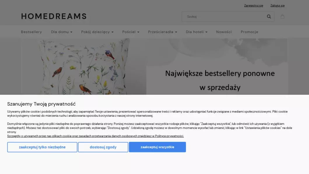 Zrzut ekranu strony firmy Tekstylia domowe | Sklep internetowy Homedreams