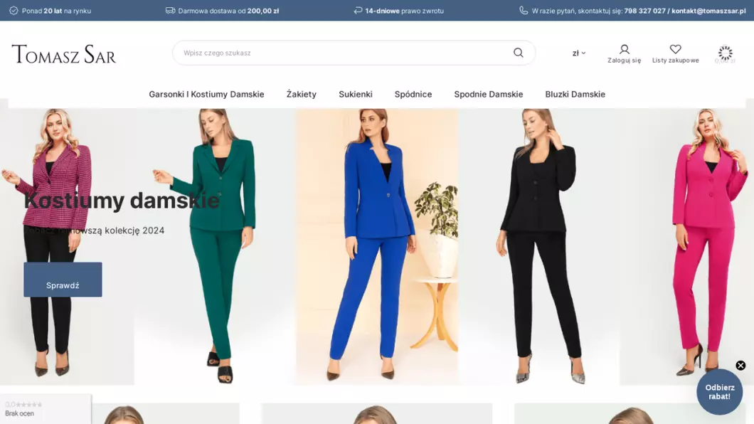 Zrzut ekranu strony firmy Wizytowa odzież damska Tomasz Sar