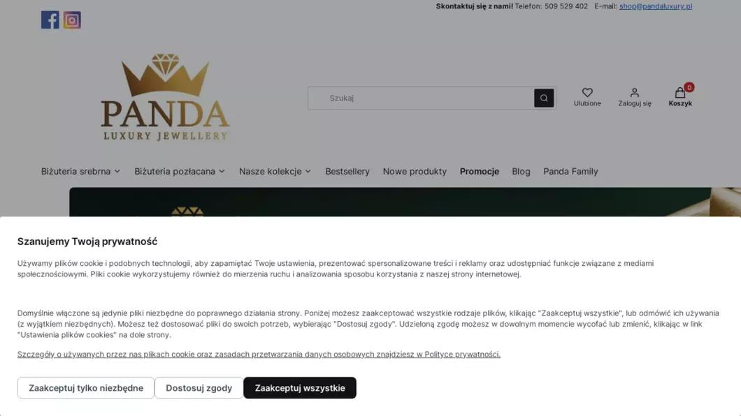 Zrzut ekranu strony firmy Biżuteria srebrna damska | Sklep internetowy Panda Luxury Jewellery