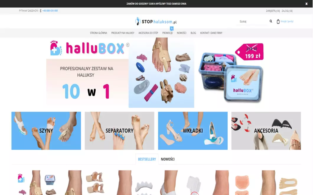 Zrzut ekranu strony firmy StopHaluksom - aparaty na haluksy